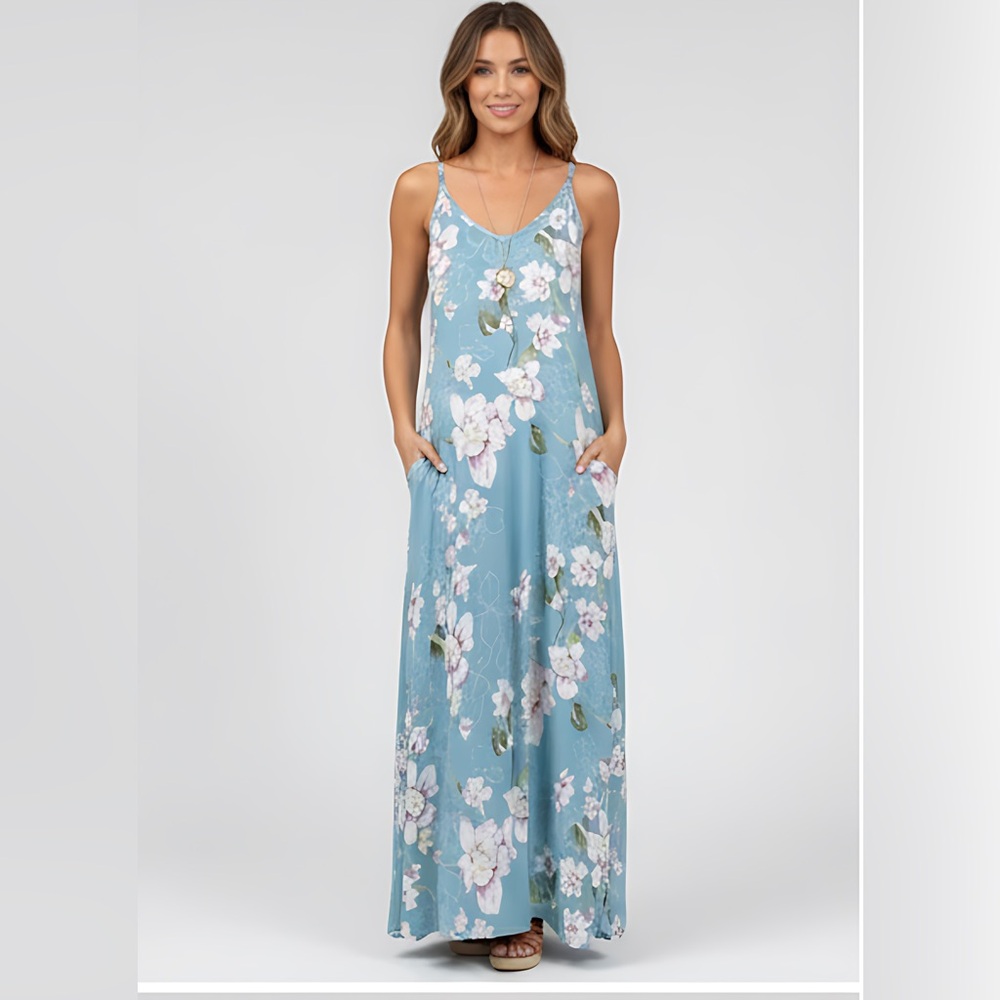 Blue Floral Print Maxi Sling Dress.